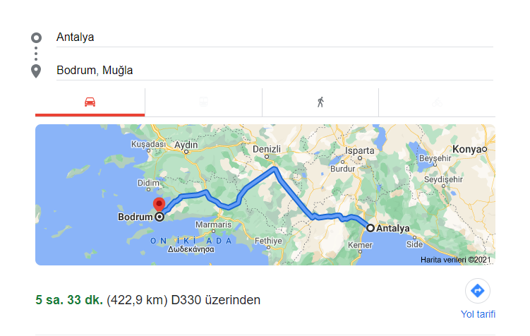 distance from antalya to bodrum..