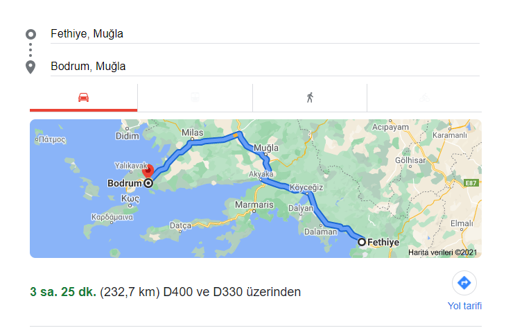 distance from fethiye to bodrum