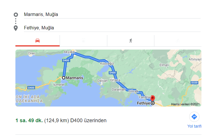  distance between marmaris and fethiye
